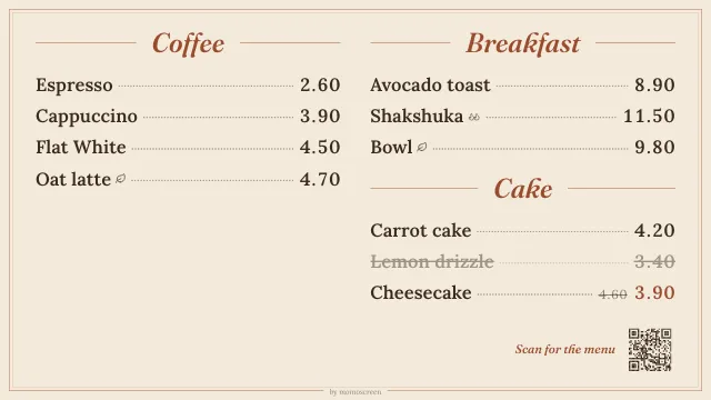 Digital menu board in the “Bistro” style on a TV