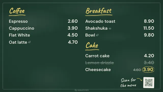 Digital menu board in the “Chalkboard” style on a TV