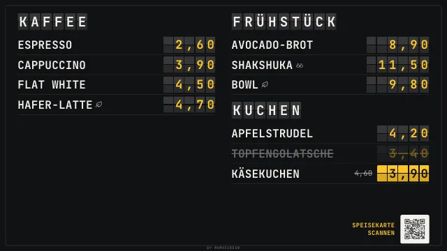 Digitale Menütafel im Stil „Abfahrtstafel“ auf dem Fernseher