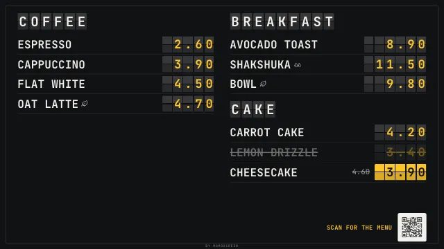 Digital menu board in the “Departure board” style on a TV