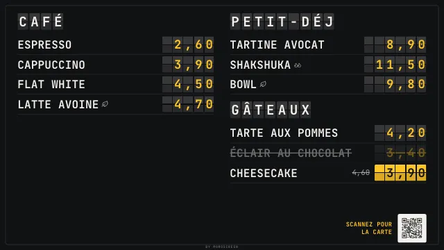 Écran menu restaurant style « Tableau des départs » sur la télé