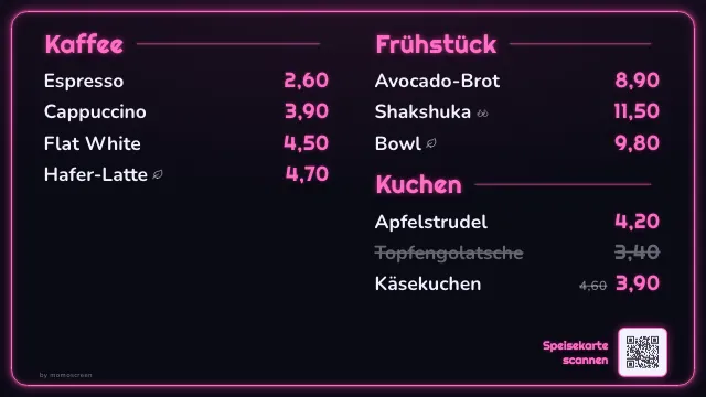 Digitale Menütafel im Stil „Neon“ auf dem Fernseher