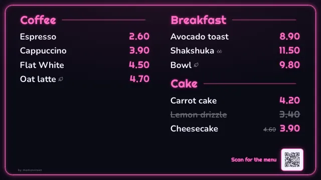 Digital menu board in the “Neon” style on a TV