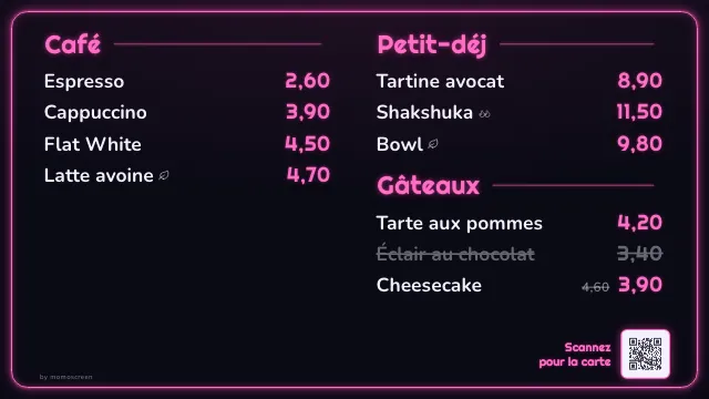 Écran menu restaurant style « Néon » sur la télé