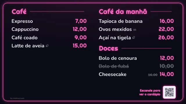 Cardápio na TV no estilo “Neon”