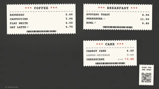 “Receipt” style: Like a till receipt, fun and honest
