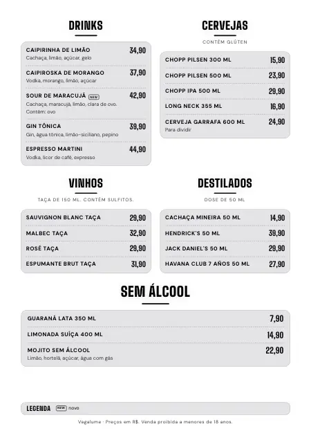 Cardápio de drinks com caipirinha, chopp e destilados no estilo “Neon”, pronto para imprimir