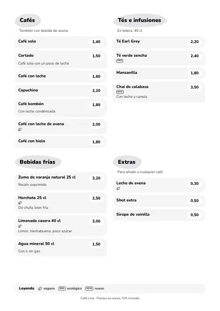 Plantilla de carta de bebidas para cafetería con el estilo «Café pastel» (A4)