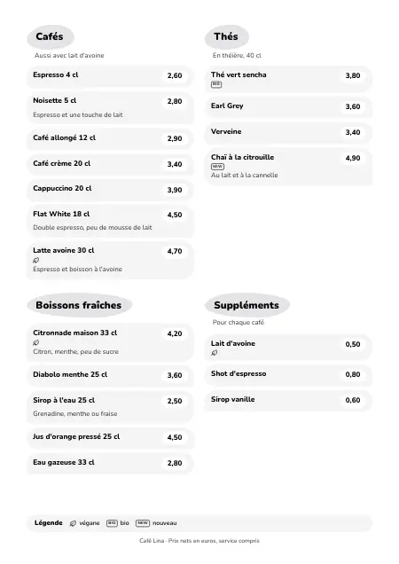 Modèle de carte des boissons pour un café, style « Café pastel » (A4)