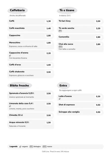 Modello di menu bevande per caffetteria in stile “Caffè pastello” (A4)