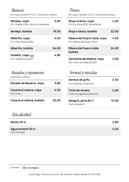 Plantilla de carta de vinos con precios por copa y por botella, estilo «Carta de vinos»