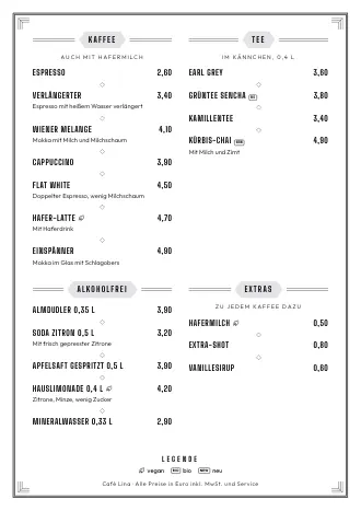 Vorlage für die Getränkekarte „Goldene Zwanziger“ mit Kaffee, Tee und Preisen