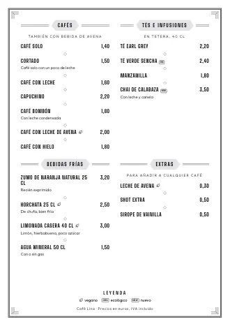 Plantilla de carta de bebidas «Años veinte» con cafés, tés y precios
