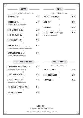 Modèle de carte des boissons « Années folles » avec cafés, thés et prix