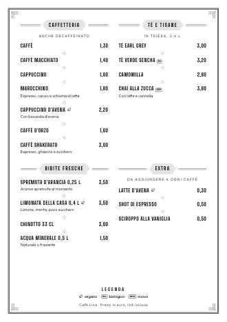 Modello di menu bevande “Anni Venti” con caffè, tè e prezzi