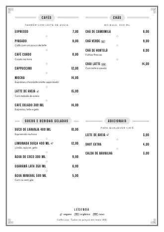 Cardápio de bebidas no estilo “Anos 20” com cafés, chás e preços