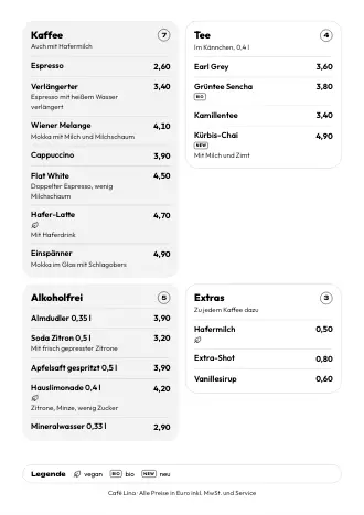 A4-Getränkekarte von Café Lina im Stil „Kästen“ zum Ausdrucken