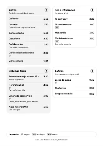 Carta de bebidas A4 de Café Lina con el estilo «Cajas», lista para imprimir