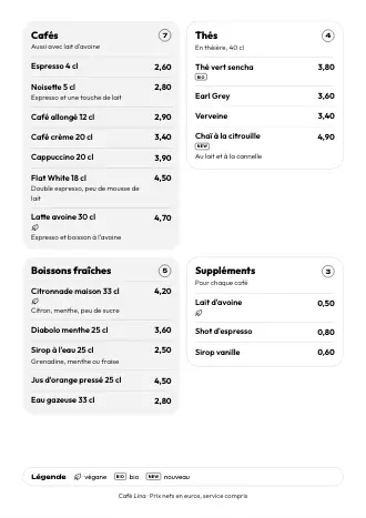 Carte des boissons A4 de Café Lina en style « Cases », prête à imprimer