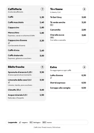 Menu bevande A4 di Café Lina in stile “Box”, pronto da stampare