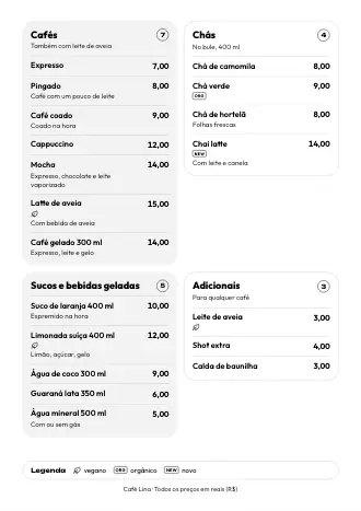 Cardápio de bebidas A4 do Café Lina no estilo “Caixas”, pronto para imprimir