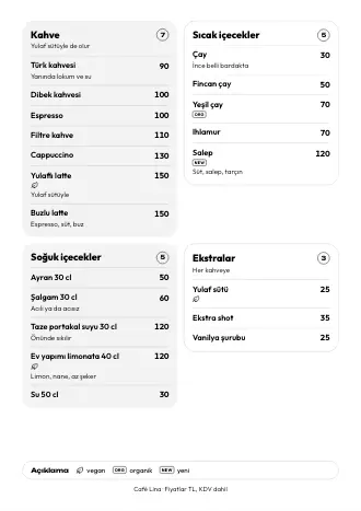 Café Lina için “Kutular” stilinde, yazdırmaya hazır A4 içecek menüsü