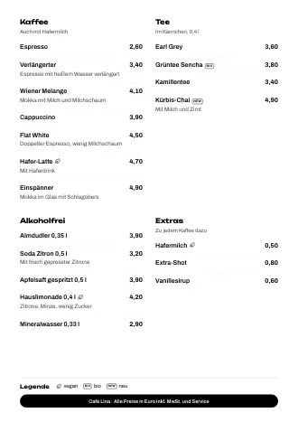 Vorlage für die Getränkekarte „Knöpfe unten“ mit Kaffee, Tee und Preisen