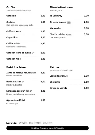 Plantilla de carta de bebidas «Botones abajo» con cafés, tés y precios
