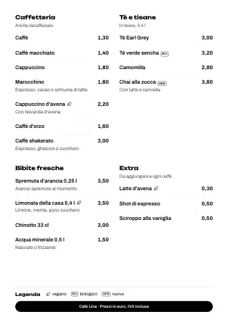 Modello di menu bevande “Pulsanti in basso” con caffè, tè e prezzi