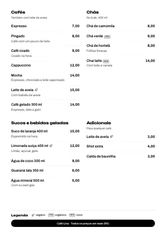 Cardápio de bebidas no estilo “Botões embaixo” com cafés, chás e preços