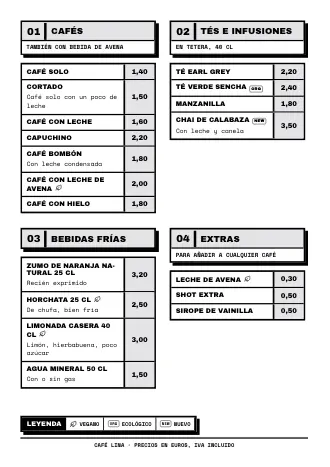 Plantilla de carta de bebidas «Marcos gruesos» con cafés, tés y precios