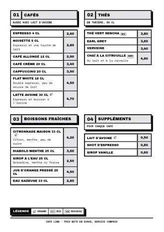 Modèle de carte des boissons « Cadres épais » avec cafés, thés et prix