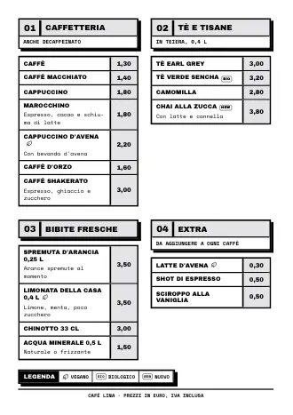 Modello di menu bevande “Cornici spesse” con caffè, tè e prezzi