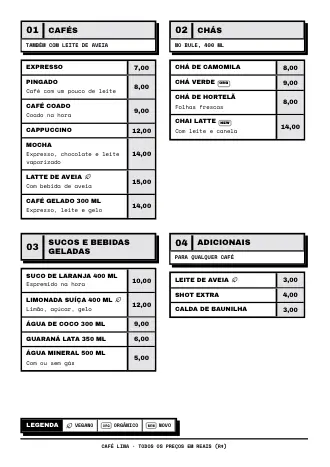 Cardápio de bebidas no estilo “Molduras grossas” com cafés, chás e preços