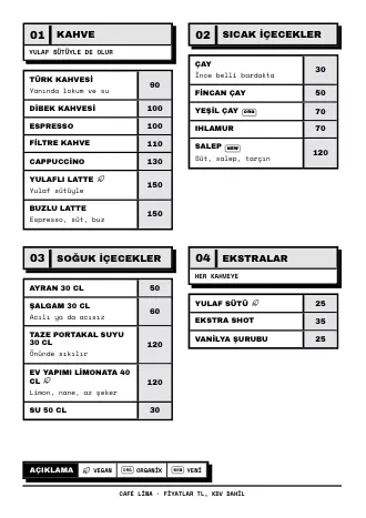 Kahve, çay ve fiyatlarla “Kalın çerçeveler” stilinde içecek menüsü