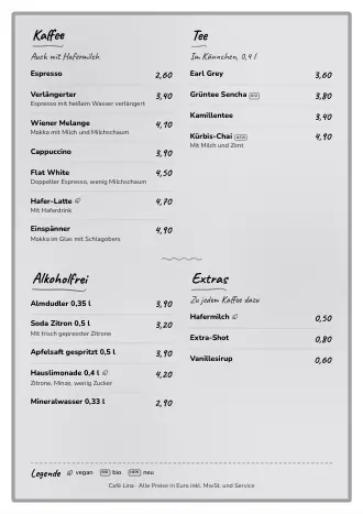 A4-Getränkekarte von Café Lina im Stil „Kreidetafel“ zum Ausdrucken