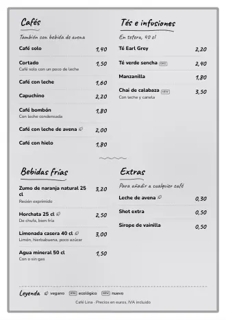 Carta de bebidas A4 de Café Lina con el estilo «Pizarra», lista para imprimir