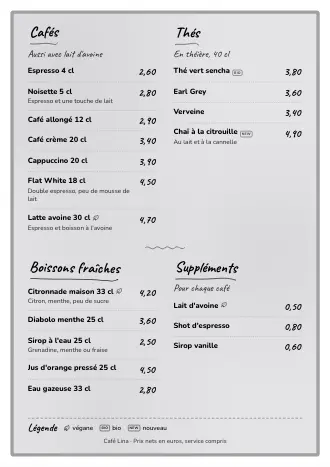 Carte des boissons A4 de Café Lina en style « Ardoise », prête à imprimer