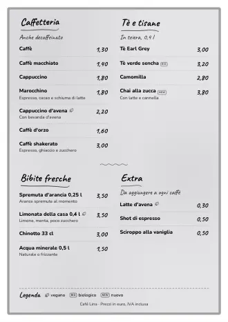 Menu bevande A4 di Café Lina in stile “Lavagna”, pronto da stampare