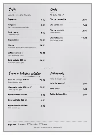 Cardápio de bebidas A4 do Café Lina no estilo “Lousa”, pronto para imprimir