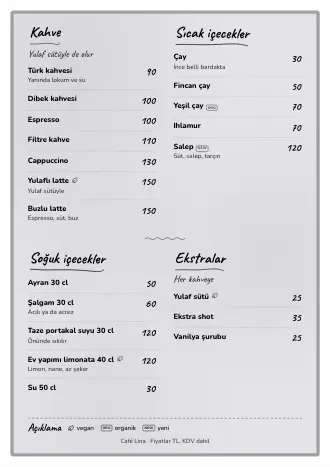 Café Lina için “Kara tahta” stilinde, yazdırmaya hazır A4 içecek menüsü