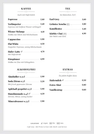 Getränkekarte im Stil „Klassische Karte“ mit Kaffee, Tee und Alkoholfreiem