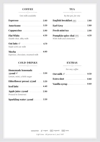 Drinks menu in the “Classic menu” style with coffee, tea and cold drinks