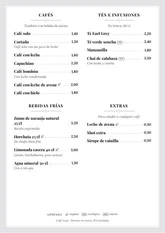 Carta de bebidas con el estilo «Carta clásica», con cafés, tés y bebidas frías