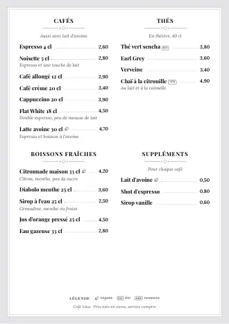 Carte des boissons style « Carte classique » avec cafés, thés et boissons fraîches