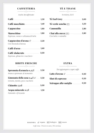 Menu bevande in stile “Menu classico” con caffè, tè e bibite fresche