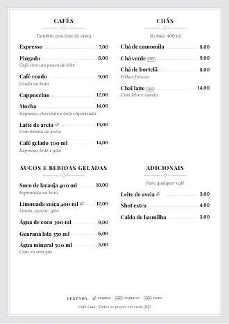 Cardápio de bebidas no estilo “Cardápio clássico” com cafés, chás e sucos