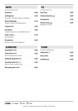 A4-Getränkekarte von Café Lina im Stil „Kompakt“ zum Ausdrucken