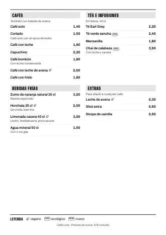 Carta de bebidas A4 de Café Lina con el estilo «Compacto», lista para imprimir
