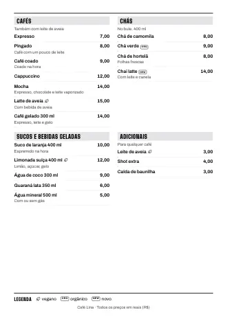 Cardápio de bebidas A4 do Café Lina no estilo “Compacto”, pronto para imprimir